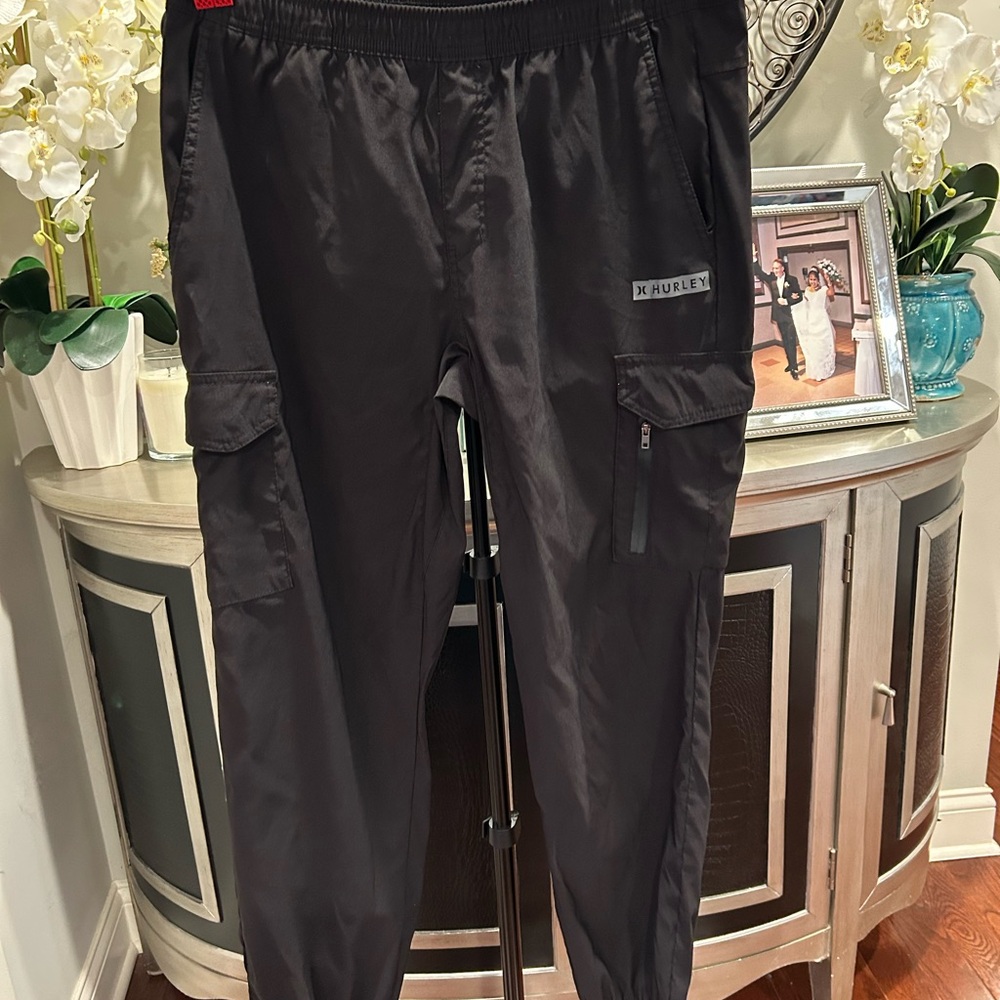 Hurley Black Cargo Jogger Pants. Lightweight nylon utility sweatpants Men's